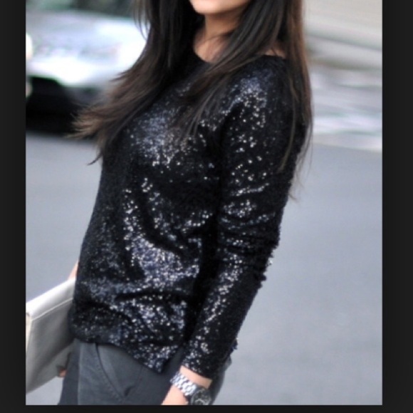 J Crew Black Sequin long sleeve top XS - Picture 1 of 5